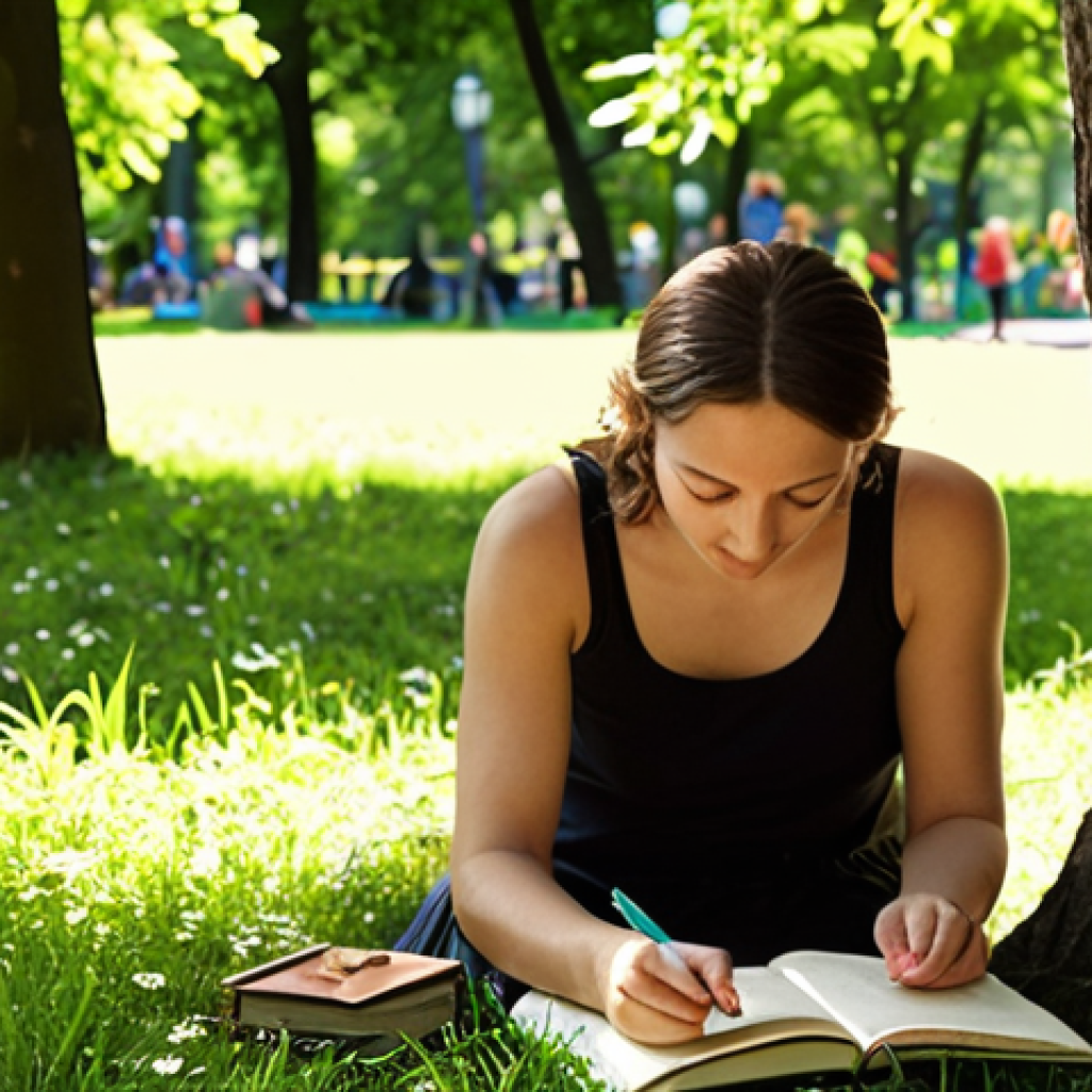**
A person journaling outdoors in a sun-dappled park. They are surrounded by lush green trees and colorful flowers. The journal is open, and their expression is thoughtful and serene. Soft, warm lighting. The feeling should be one of peace and self-discovery. Consider adding details like a "Miquelrius" notebook for local relevance.
**