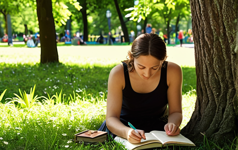**
A person journaling outdoors in a sun-dappled park. They are surrounded by lush green trees and colorful flowers. The journal is open, and their expression is thoughtful and serene. Soft, warm lighting. The feeling should be one of peace and self-discovery. Consider adding details like a "Miquelrius" notebook for local relevance.
**