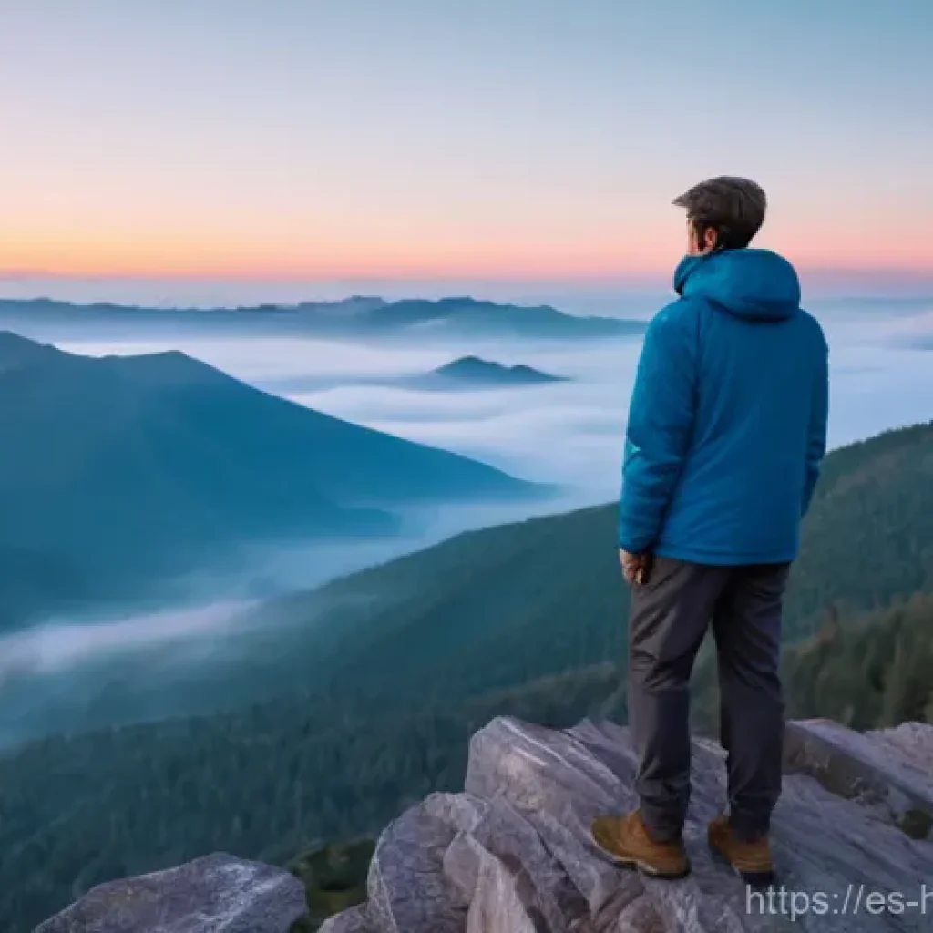 자기 성찰을 위한 신념의 재정립 - **Prompt:** A young adult, gender-neutral, stands on a serene mountain overlook at dawn, facing a br...