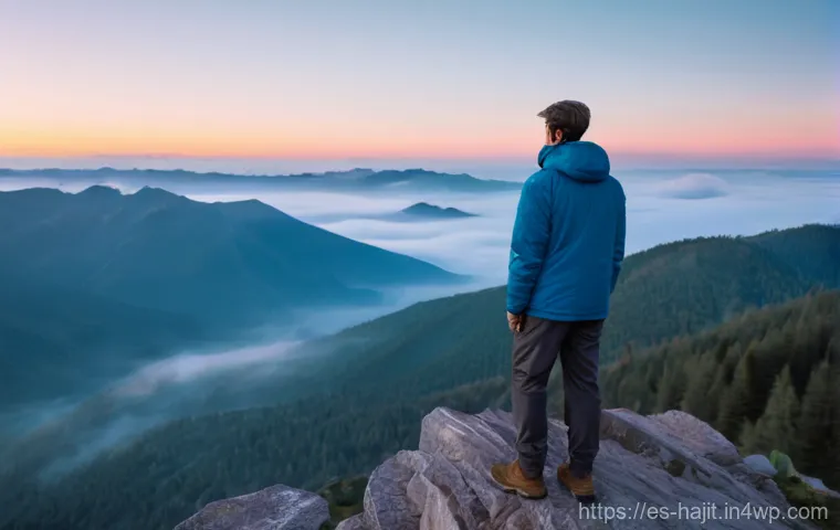 자기 성찰을 위한 신념의 재정립 - **Prompt:** A young adult, gender-neutral, stands on a serene mountain overlook at dawn, facing a br...
