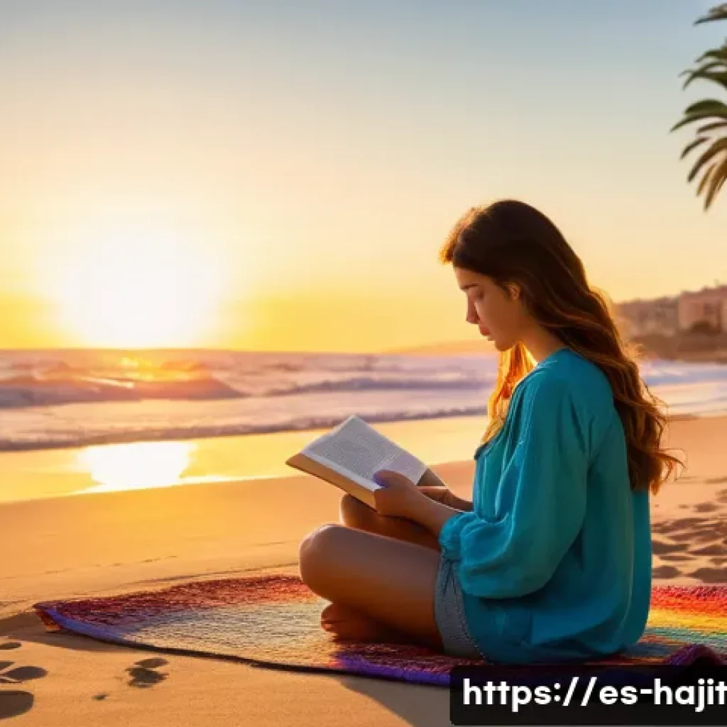 자기 성찰을 위한 여름 독서 목록 - A serene summer reading scene on a quiet Spanish beach at sunset, featuring a young adult woman sitt...