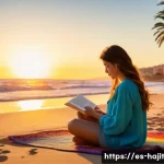 Home 22 자기 성찰을 위한 여름 독서 목록 - A serene summer reading scene on a quiet Spanish beach at sunset, featuring a young adult woman sitt...