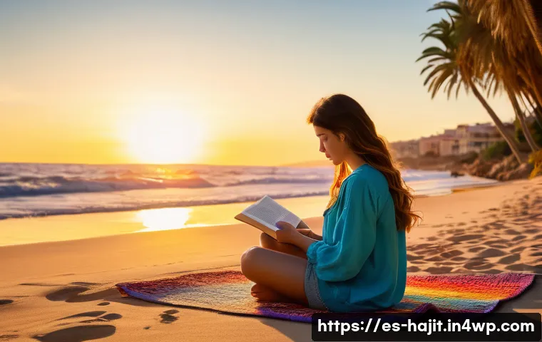 자기 성찰을 위한 여름 독서 목록 - A serene summer reading scene on a quiet Spanish beach at sunset, featuring a young adult woman sitt...