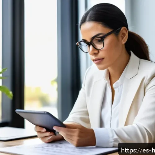 Home 33 자기 성찰이 직장 생활에 미치는 영향 - A professional Hispanic woman in her 30s sitting thoughtfully at a modern office desk, reviewing not...