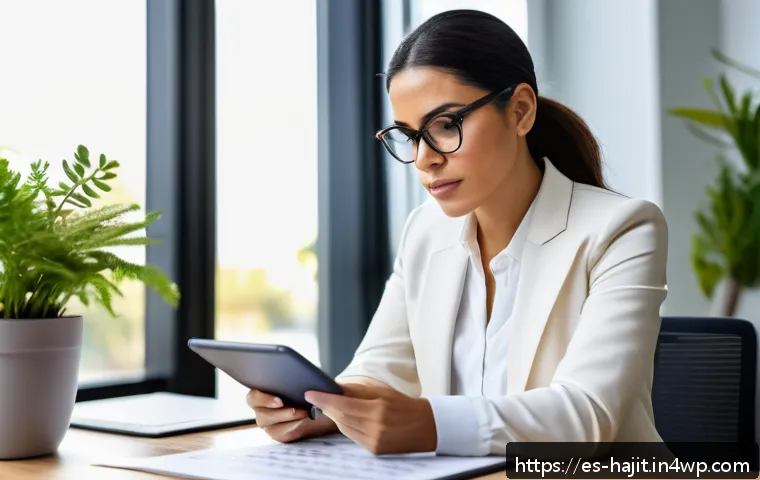 자기 성찰이 직장 생활에 미치는 영향 - A professional Hispanic woman in her 30s sitting thoughtfully at a modern office desk, reviewing not...