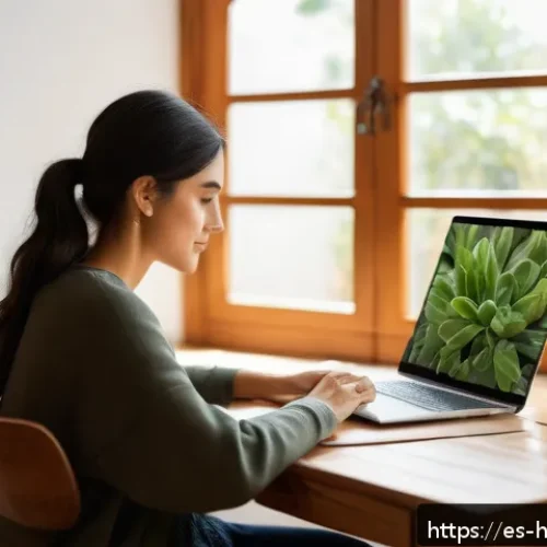 Home 32 자기 성찰을 위한 온라인 강의 추천 - A serene, cozy home study environment with a Spanish-speaking adult woman sitting comfortably at a w...