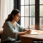 Home 19 자기 성찰을 통한 스트레스 관리 - A serene and cozy home office scene in a modern Spanish apartment, featuring a young Hispanic woman ...