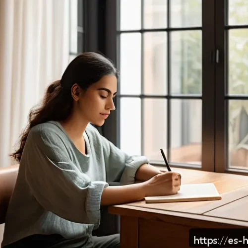 Home 31 자기 성찰을 통한 스트레스 관리 - A serene and cozy home office scene in a modern Spanish apartment, featuring a young Hispanic woman ...