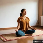 Home 18 자기 성찰을 통한 가치관의 재정의 - A serene scene of a young Hispanic woman sitting cross-legged on a wooden floor in a cozy, softly li...