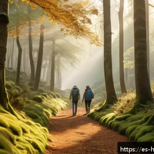 Home 17 자기 성찰을 위한 여름 캠프 아이디어 - A serene forest scene at dawn in a Spanish countryside, showing a diverse group of adults dressed in...