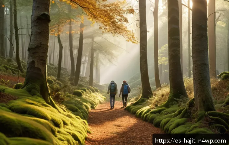 자기 성찰을 위한 여름 캠프 아이디어 - A serene forest scene at dawn in a Spanish countryside, showing a diverse group of adults dressed in...