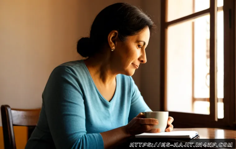 자기 성찰을 통한 인내심 기르기 - Photorealistic scene of a middle-aged Hispanic woman sitting quietly beside a sunlit window in a mod...